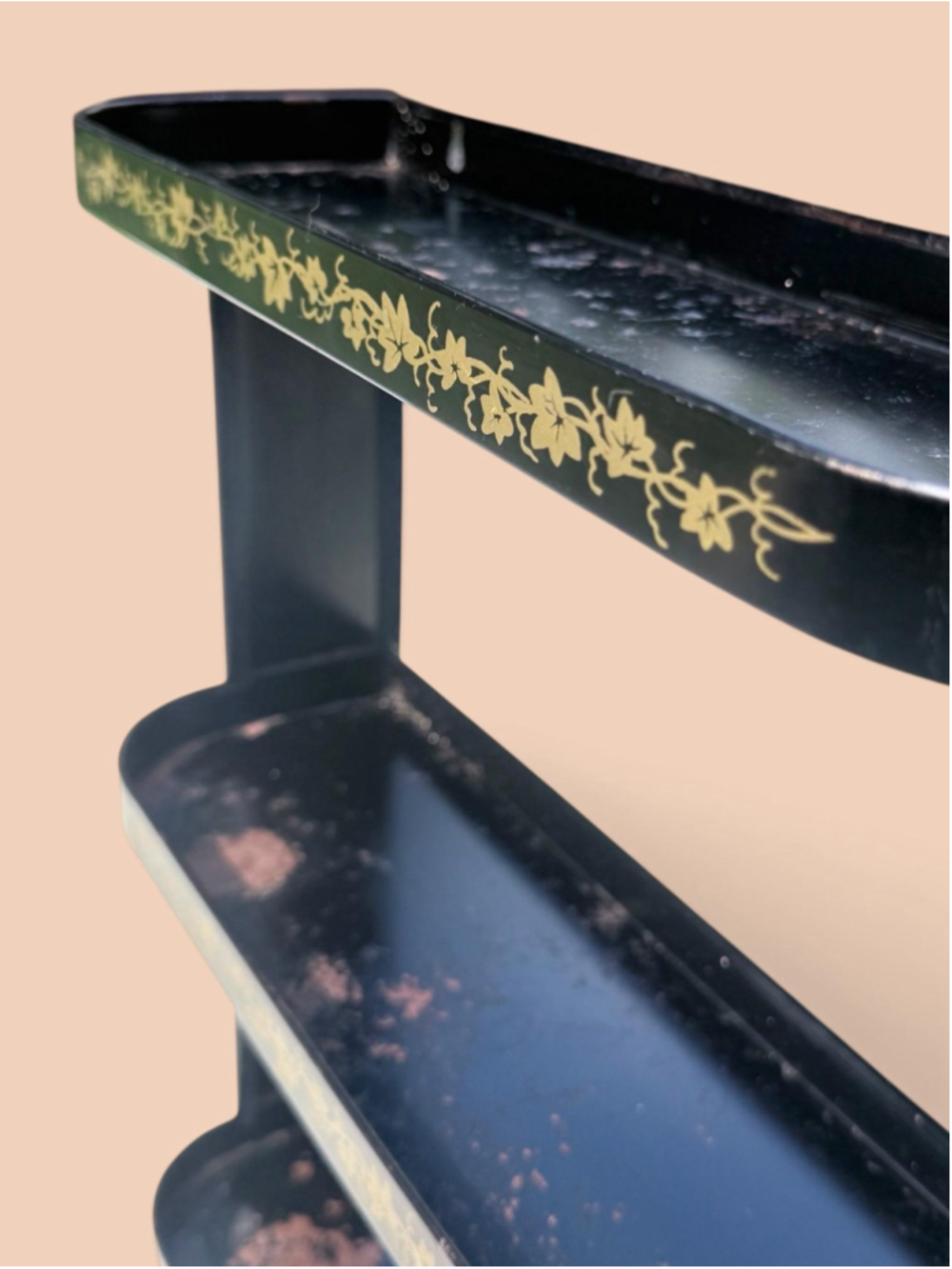 Vintage Black Metal Wall Shelf 3 Tier Gold Ivy Spice Rack Chippy Patina Cottage - Picture 8 of 10